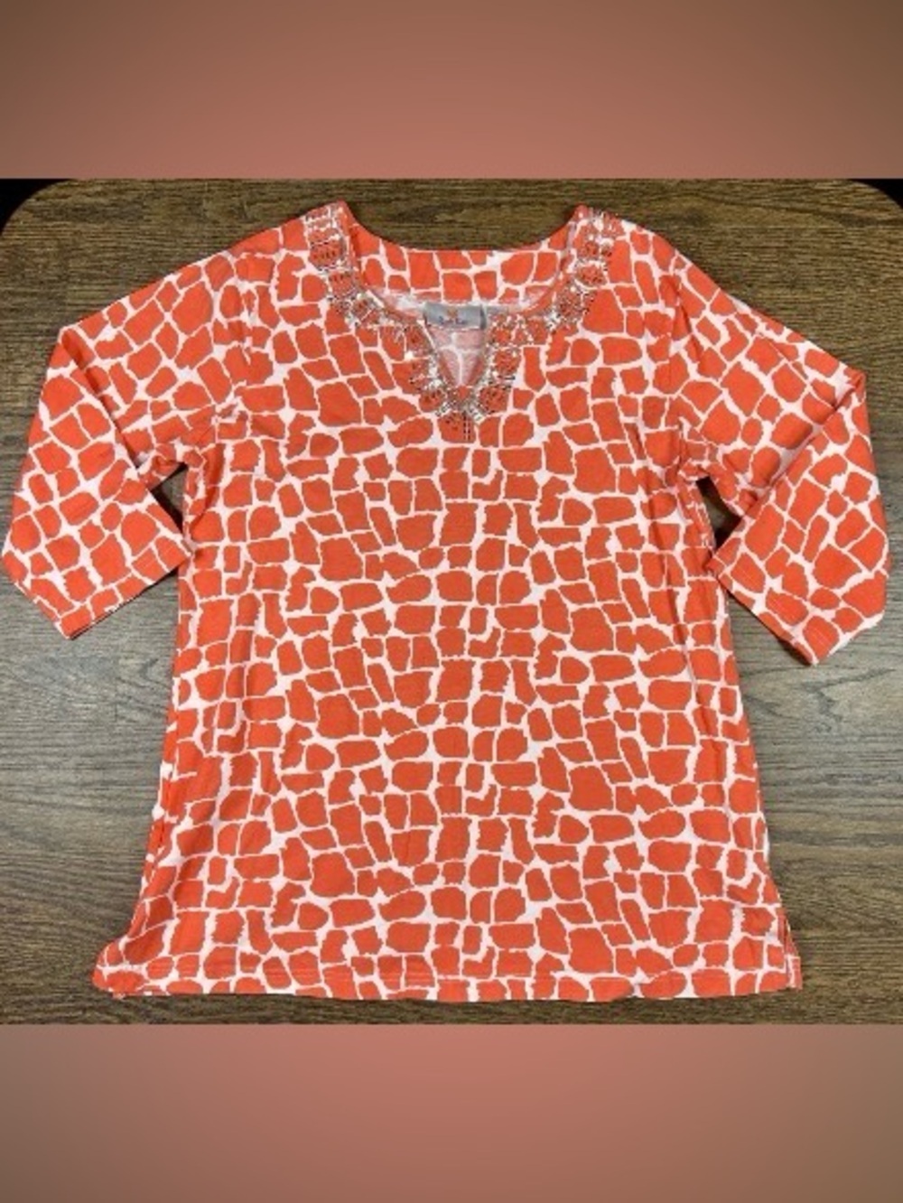 Quacker Factory Bedazzled Orange Giraffe Print Tunic Sz Med
